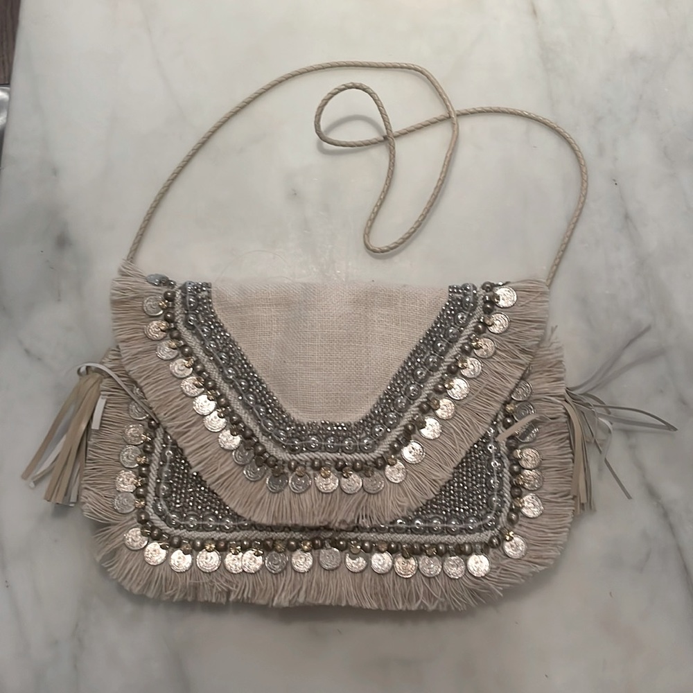 Beaded embellished fringe summer cross body bag white, canvas, new w/o tag beach